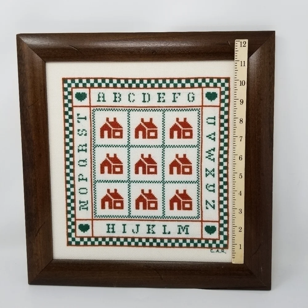 Framed Handmade Cross Stitch Wall Hanging Houses Alphabet Signed Checks Complete